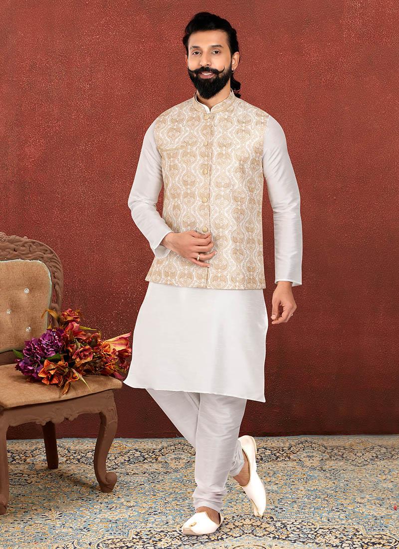 Off White Dhupion Silk Mens Kurta Pyjama with Jacket