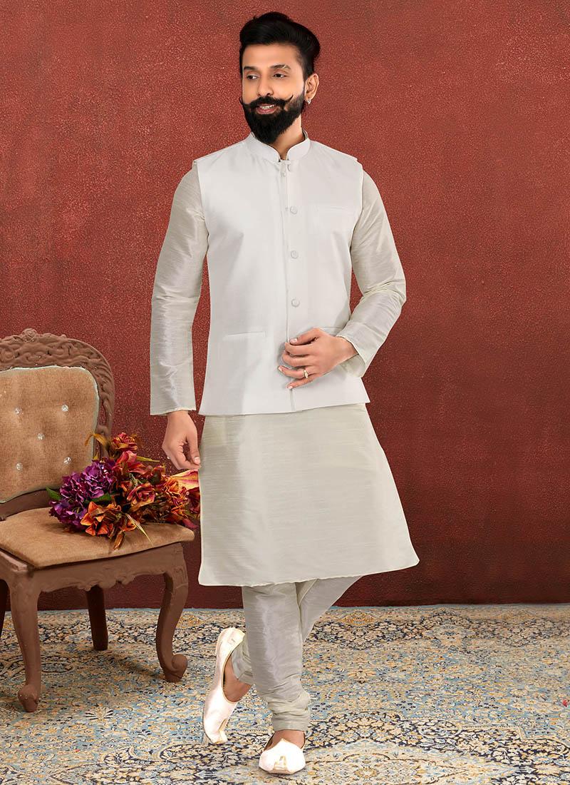 Off White Dhupion Silk Mens Kurta Pyjama with Jacket