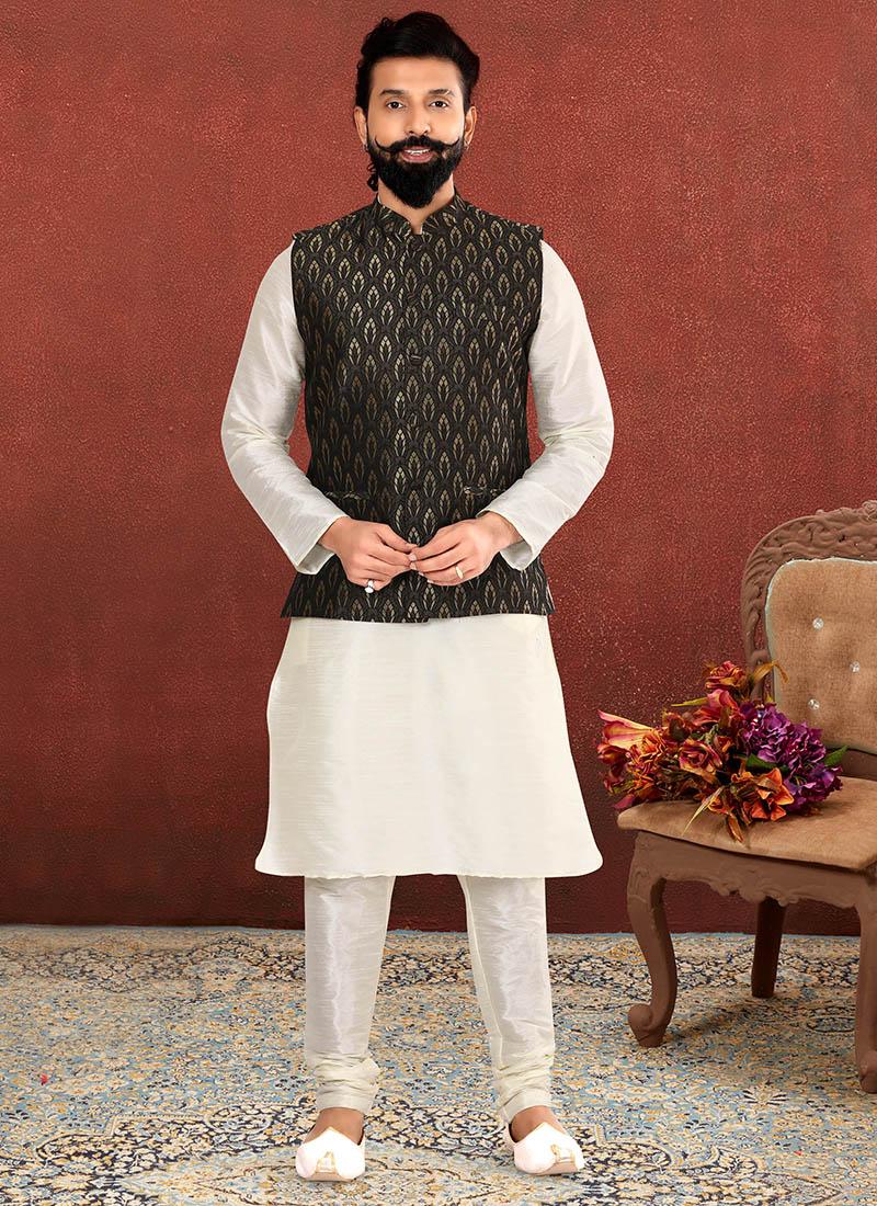 Off White Dhupion Silk Mens Kurta Pyjama with Jacket