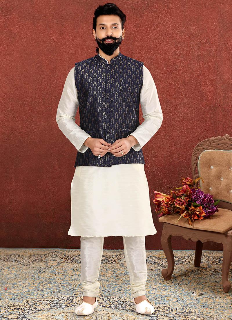 Off White Dhupion Silk Mens Kurta Pyjama with Jacket