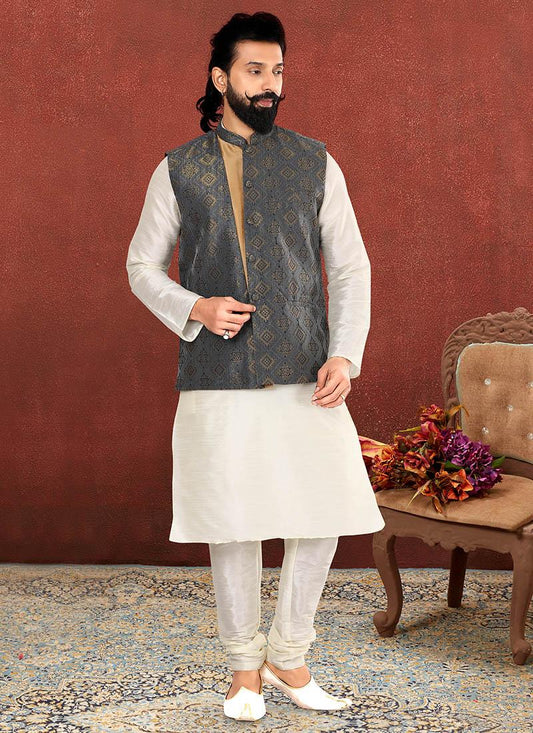 Off White Dhupion Silk Mens Kurta Pyjama with Jacket