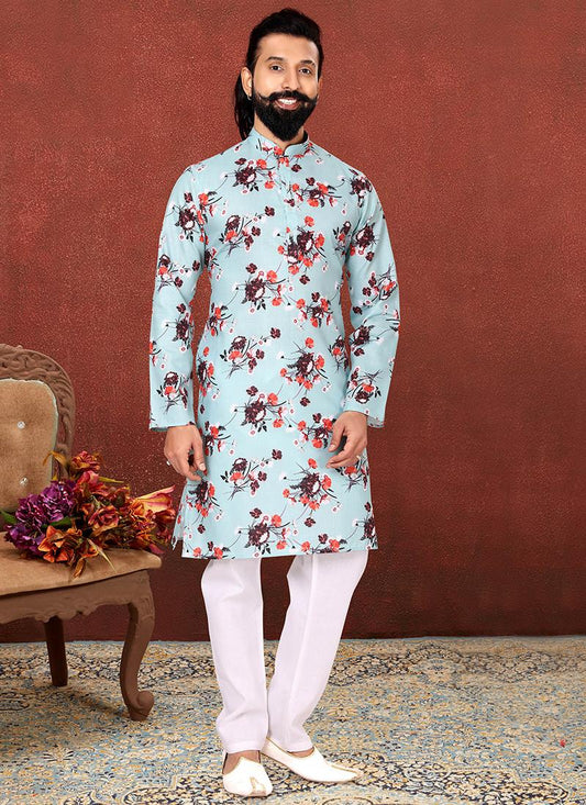 Ice Blue Cotton Printed Mens Kurta Set