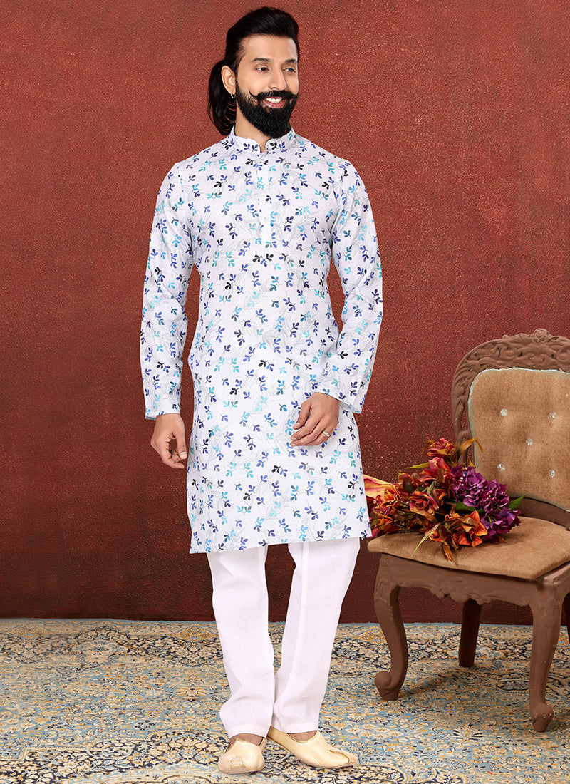 White Cotton Printed Mens Kurta Set