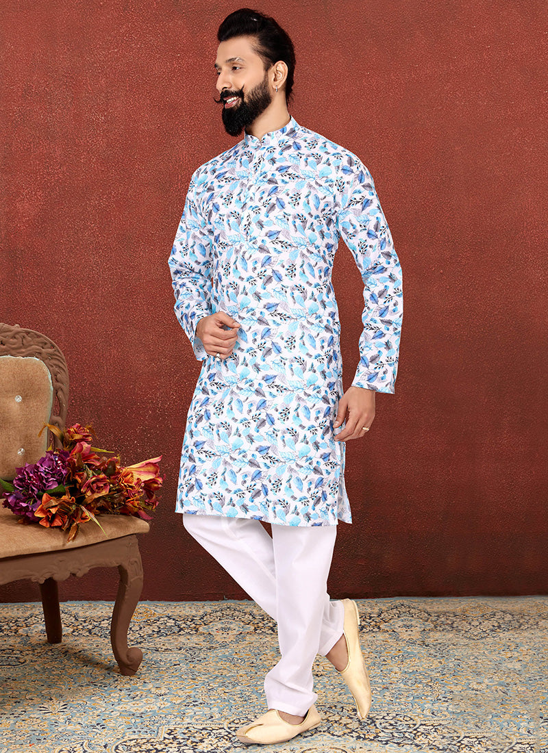 White Cotton Printed Mens Kurta Set