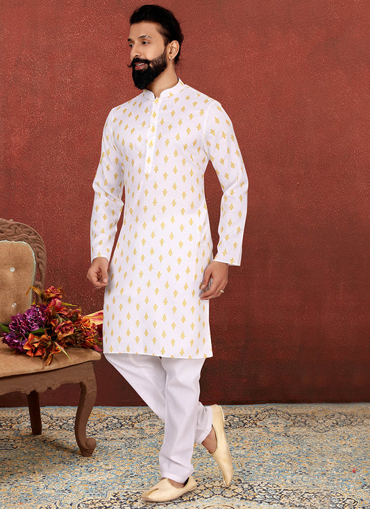 White Cotton Printed Mens Kurta Set