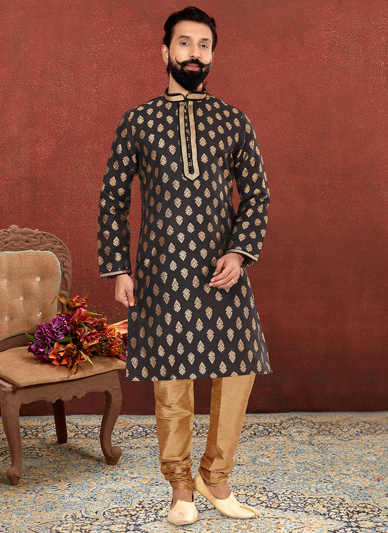 Black Jacquard Silk Mens Kurta Set