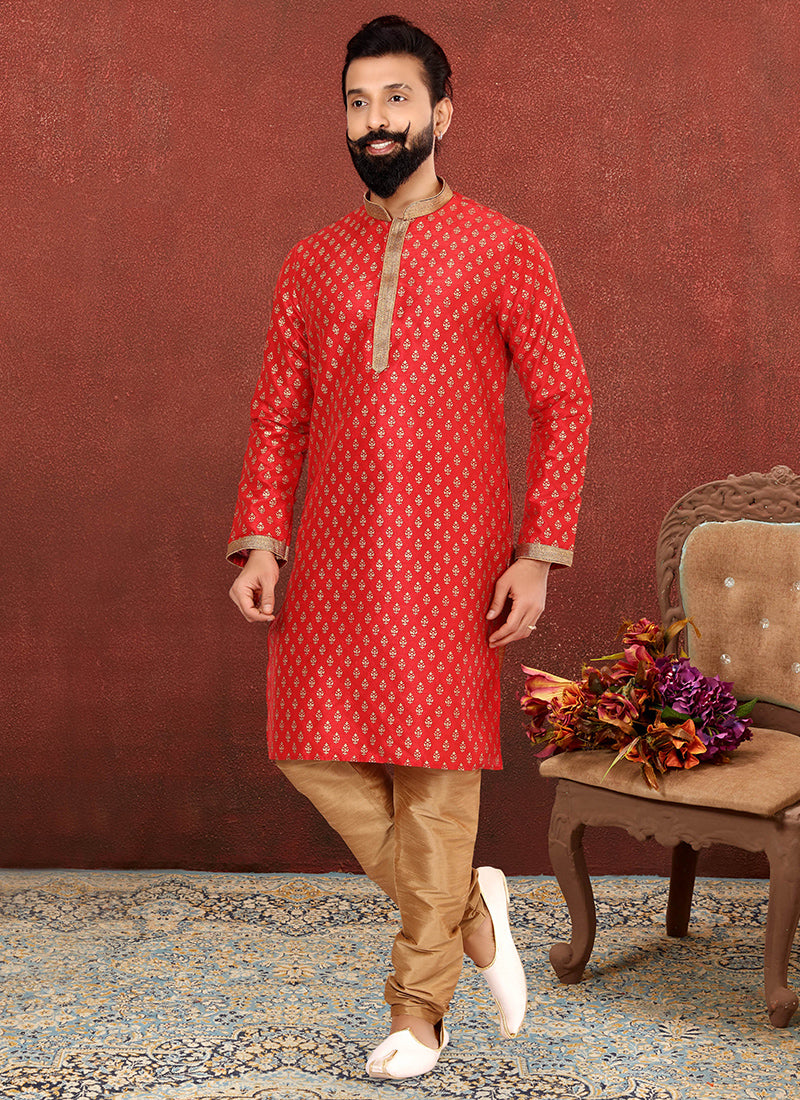 Red Banarasi Dhupion Silk Mens Kurta Set