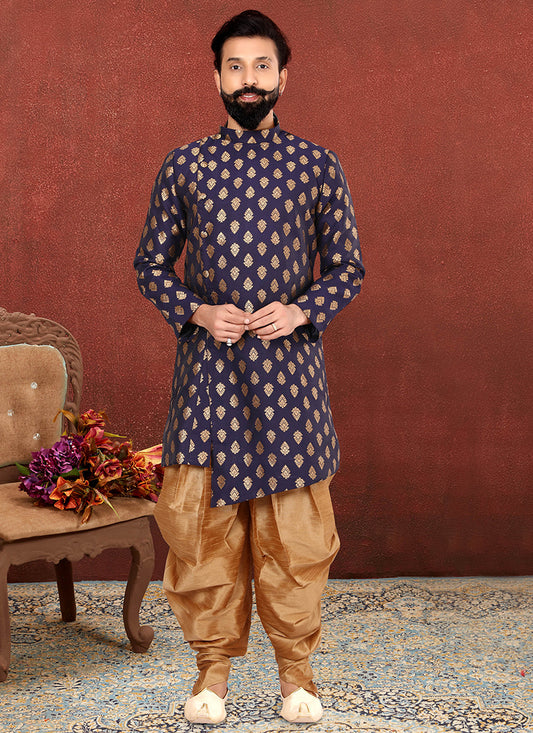 Navy Blue Jacquard Silk Mens Indo Western