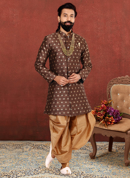 Brown Jacquard Silk Mens Indo Western