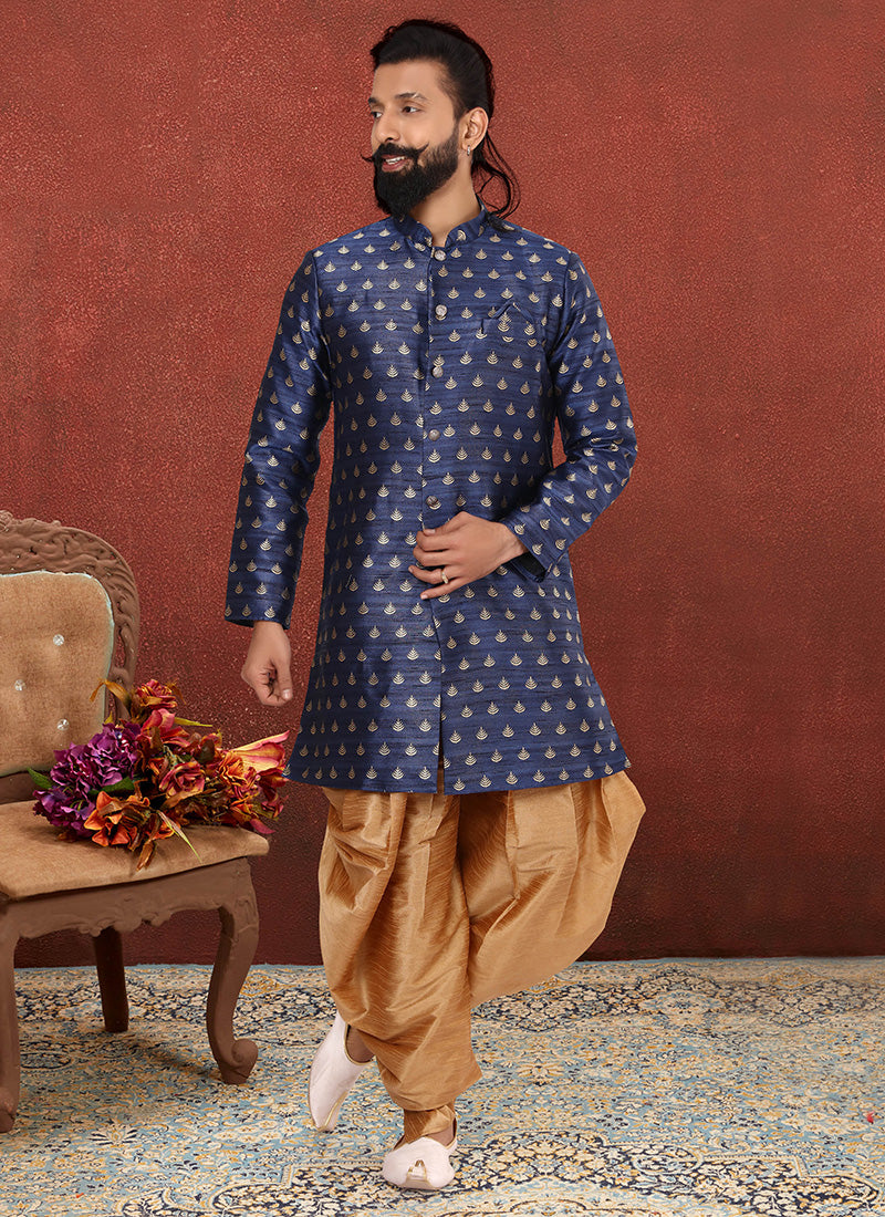 Navy Blue Jacquard Silk Mens Indo Western