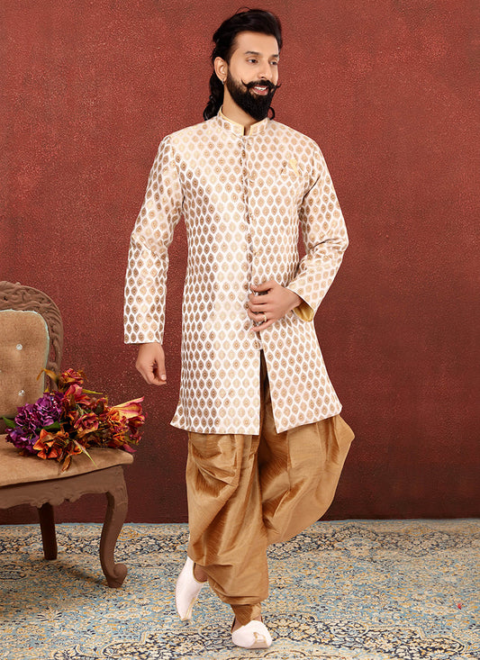 White Jacquard Silk Mens Indo Western