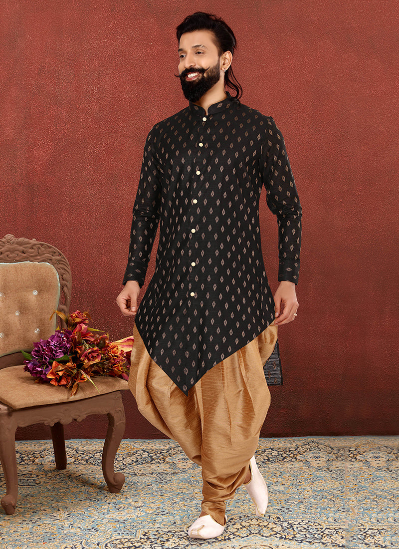 Black Cotton Silk Mens Indo Western