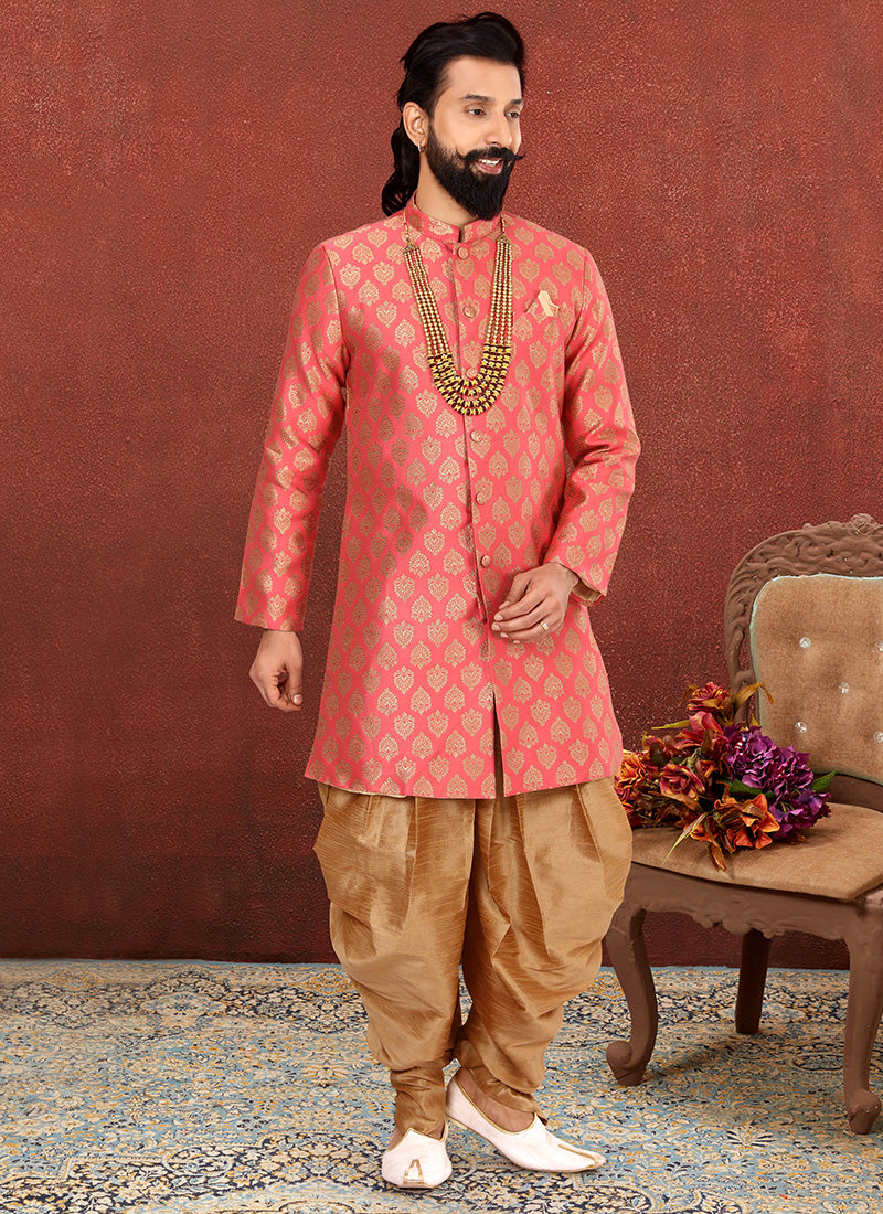 Cherry Pink Jacquard Silk Mens Indo Western