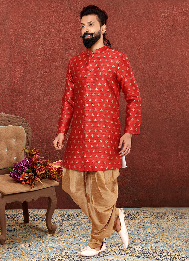 Rust Red Jacquard Silk Mens Indo Western