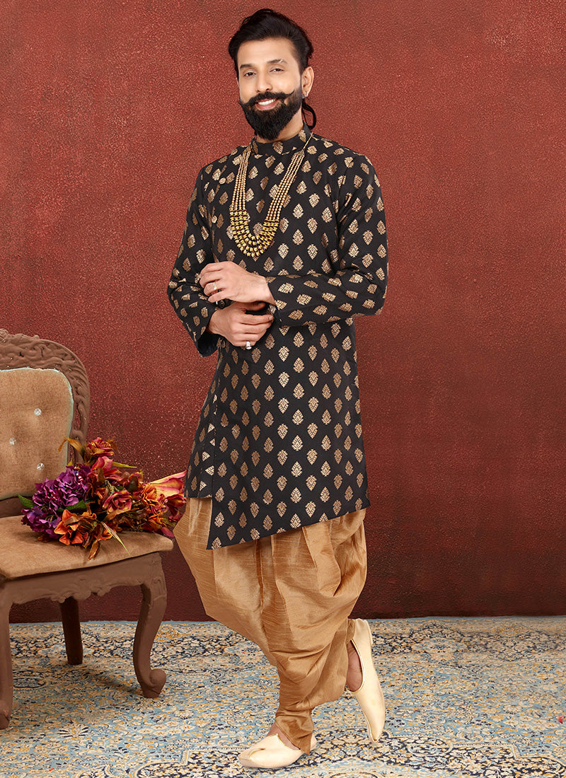 Black Jacquard Silk Mens Indo Western