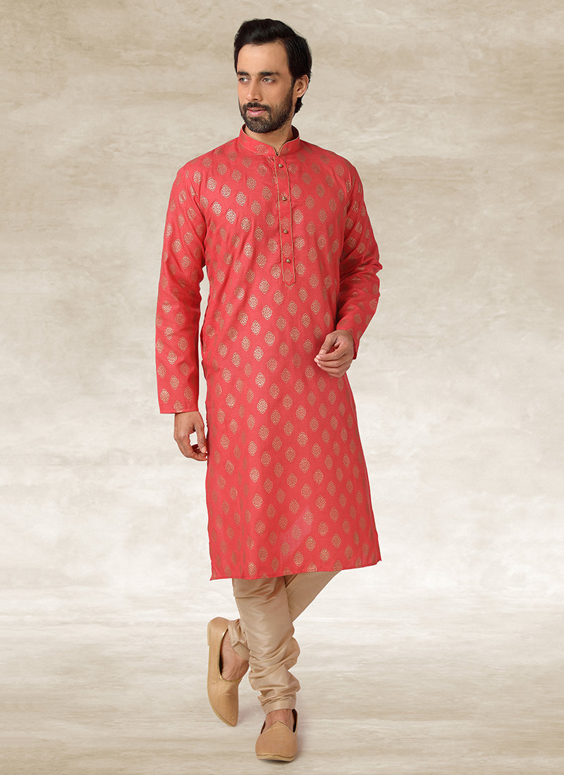 Salmon Pink Handloom Cotton Mens Kurta Pyjama Set