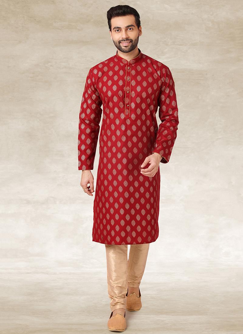 Maroon Handloom Cotton Mens Kurta Pyjama Set