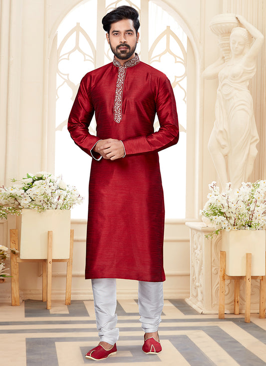 Maroon Silk Dupion Mens Kurta Pyjama Set