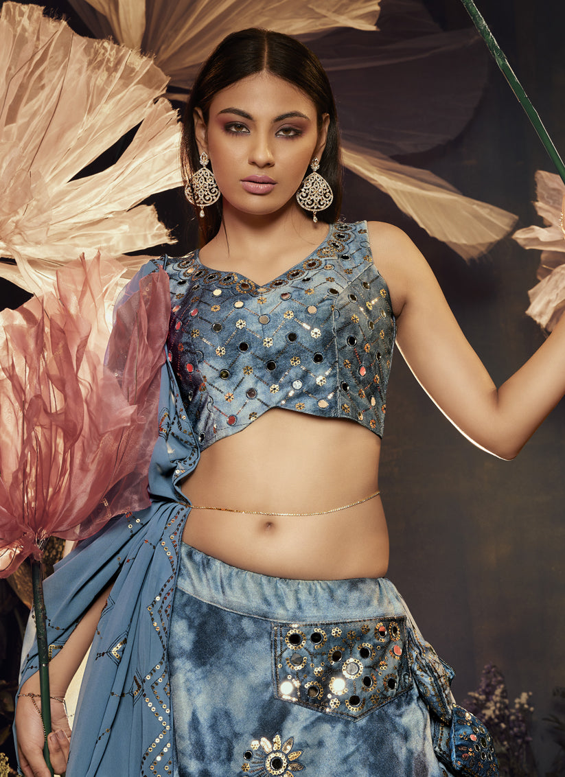 Peacock Blue Velvet Embellished Lehenga Choli