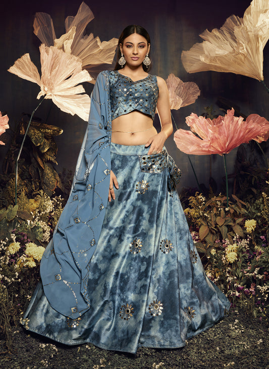 Peacock Blue Velvet Embellished Lehenga Choli