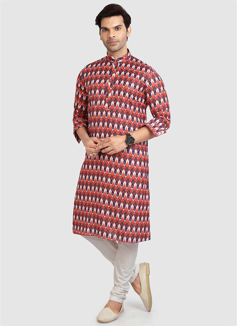 Multicolor Cotton Mens Kurta Pyjama Set