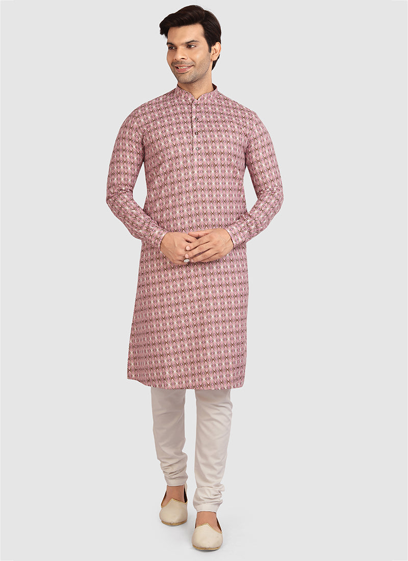 Coral Pink Cotton Mens Kurta Pyjama Set