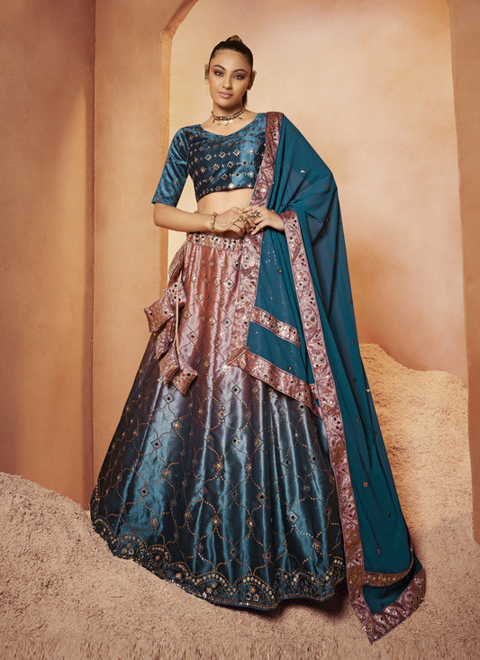 Teal Blue and Old Rose Velvet Mirror Work Lehenga Choli