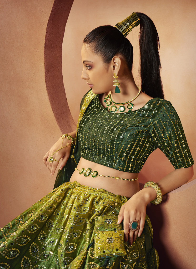 Forest Green Velvet Mirror Work Lehenga Choli