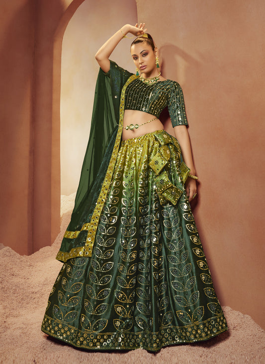 Forest Green Velvet Mirror Work Lehenga Choli