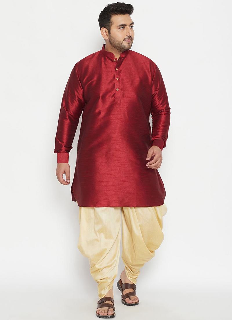 Maroon Dupion Silk  Mens Kurta Pyjama Set