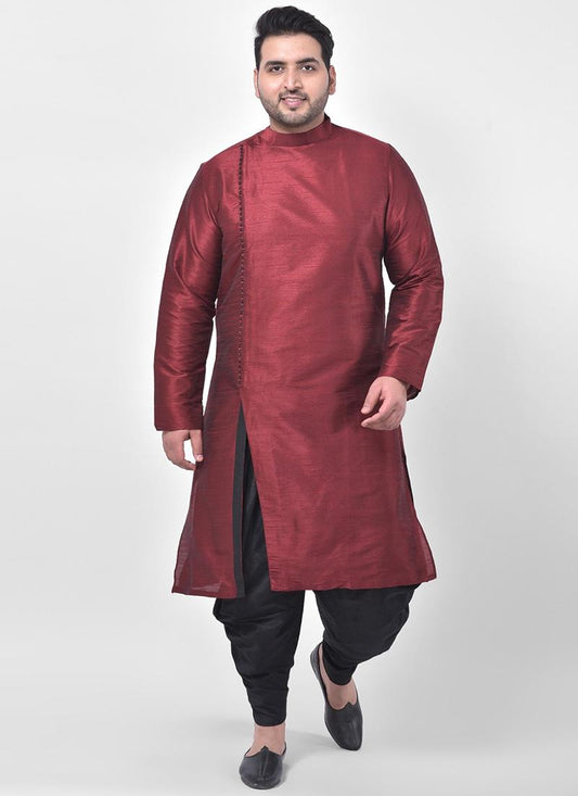 Maroon Dupion Silk  Mens Kurta Pyjama Set