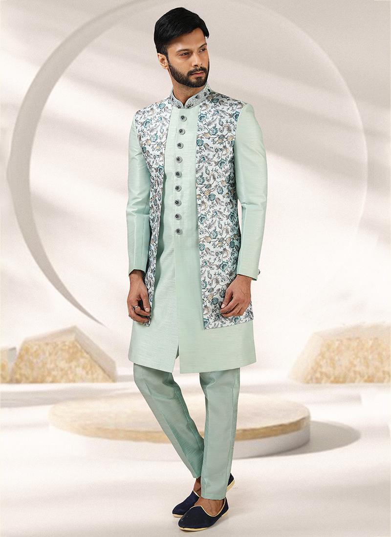 Pista Green Art banarasi silk Mens Indo Western