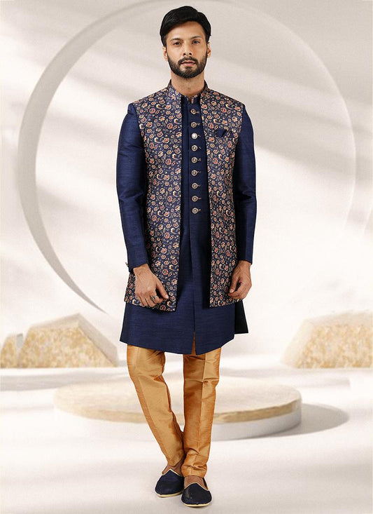 Navy Blue Art banarasi silk Mens Indo Western