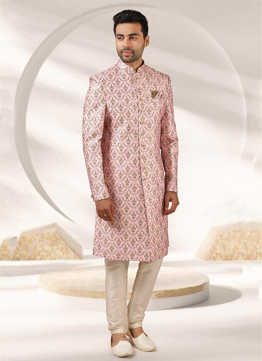 Light Pink Art banarasi silk Mens Indo Western