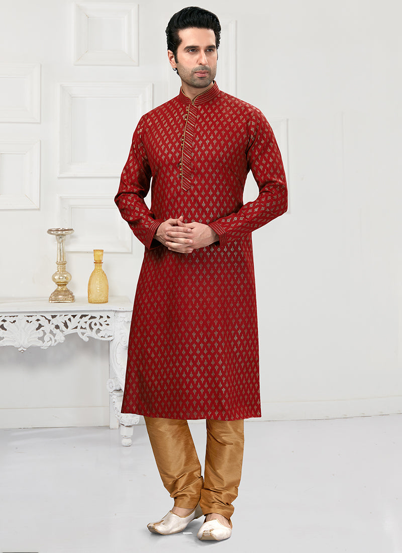 Maroon Cotton Mens Kurta Pyjama Set