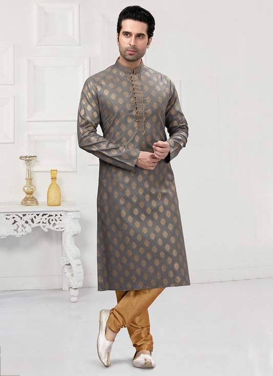 Grey Cotton Mens Kurta Pyjama Set