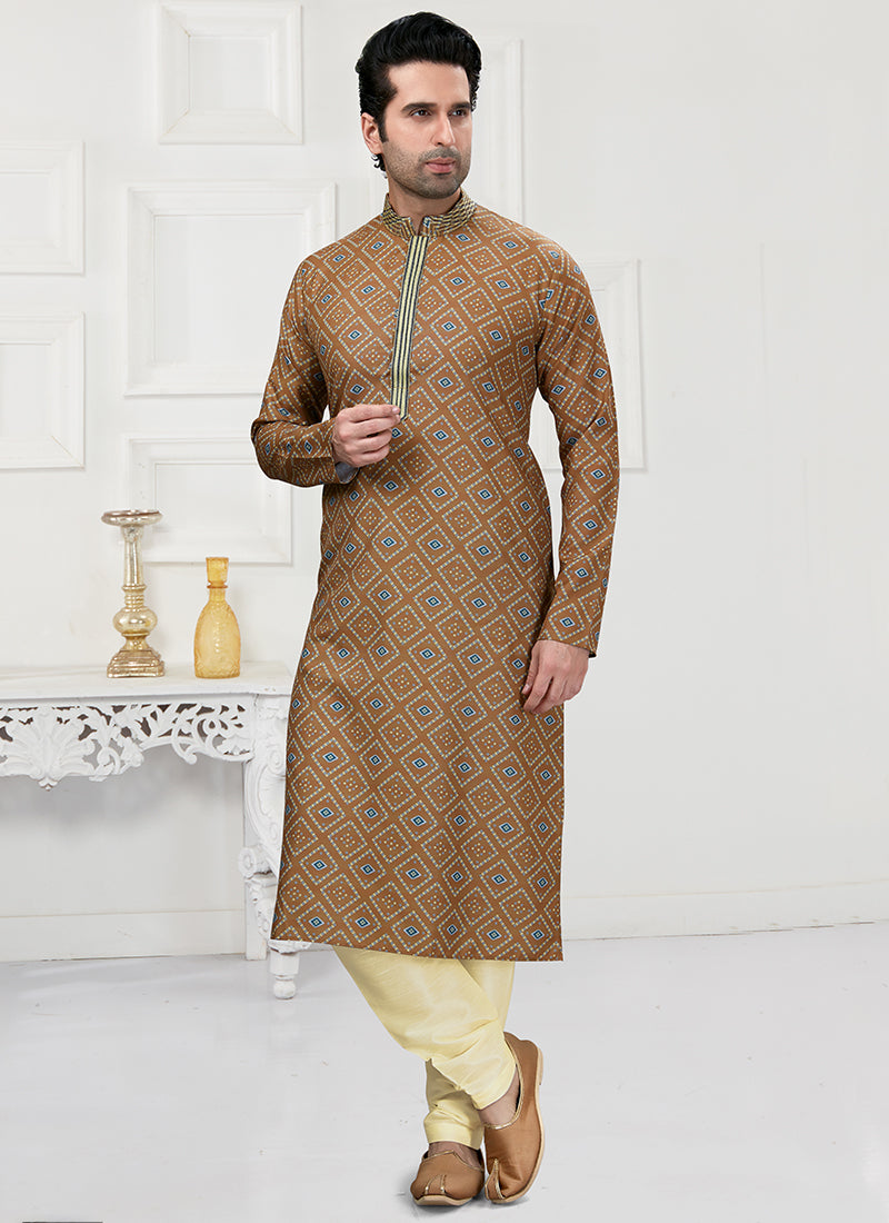 Brown Cotton Mens Kurta Pyjama Set