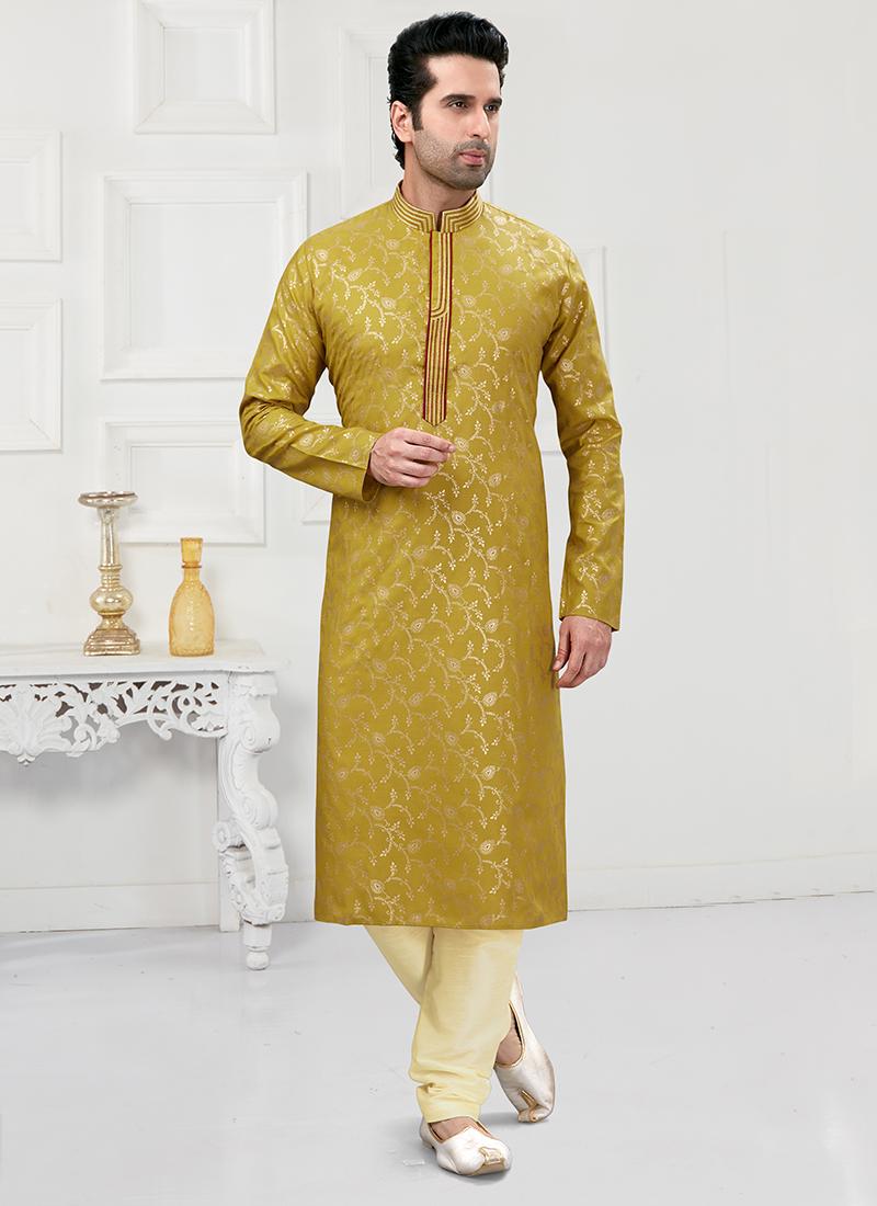 Mustard Cotton Mens Kurta Pyjama Set