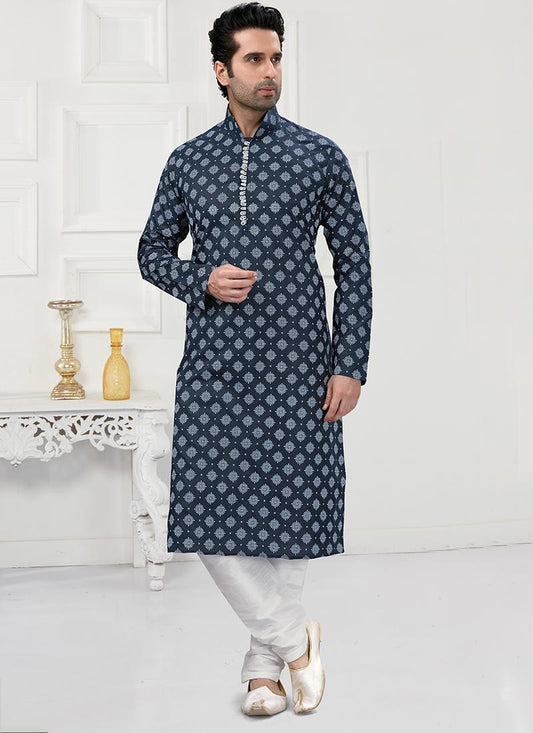 Navy Blue Cotton Mens Kurta Pyjama Set