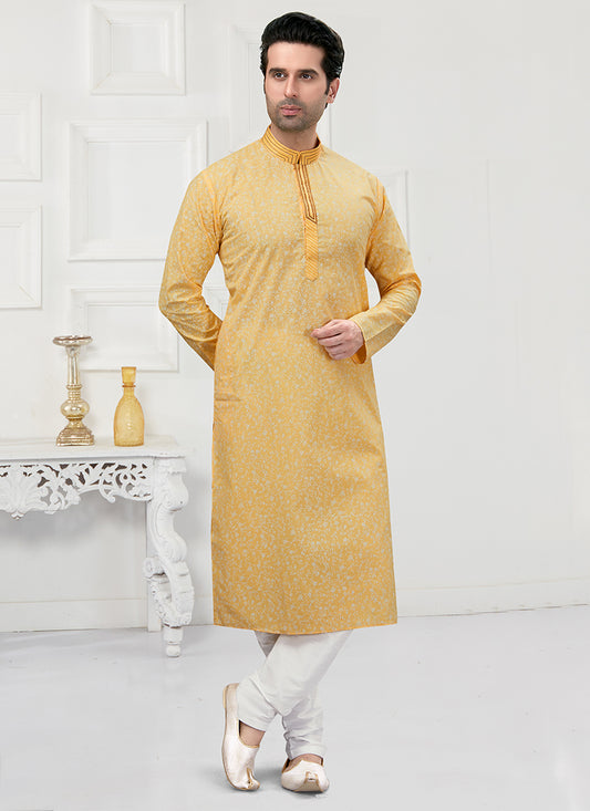 Yellow Cotton Mens Kurta Pyjama Set