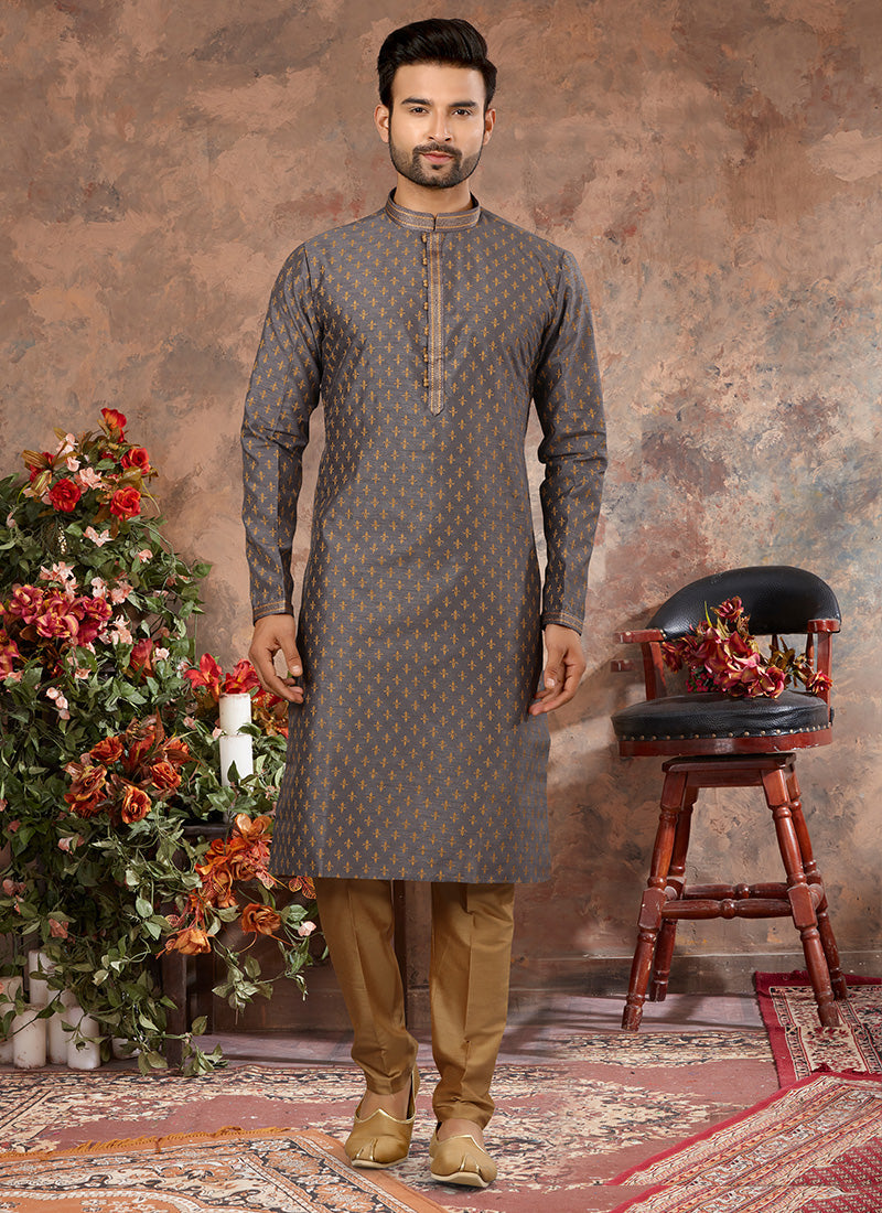 Grey Silk Mens Kurta Pyjama Set