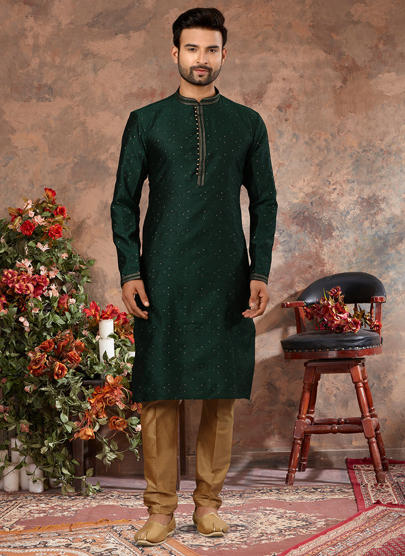 Bottle Green Jacquard Mens Kurta Pyjama Set