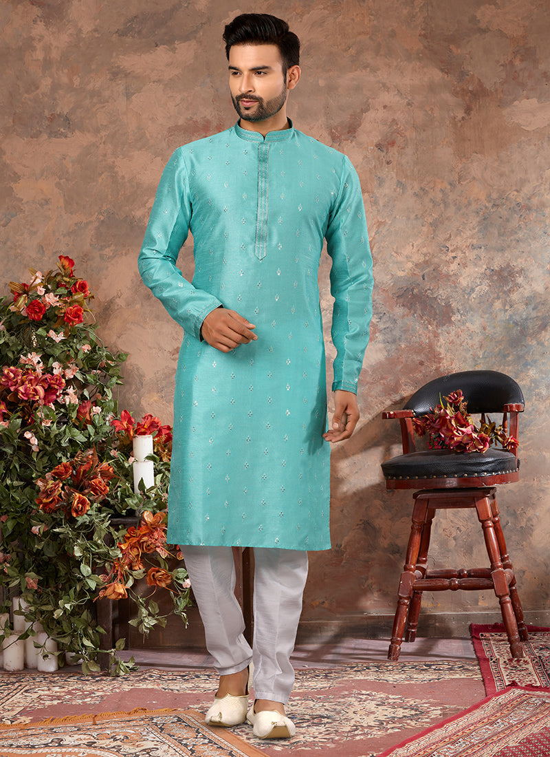 Sky Blue Silk Mens Kurta Pyjama Set