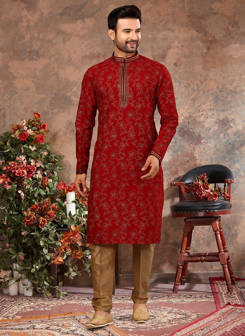 Maroon Silk Mens Kurta Pyjama Set