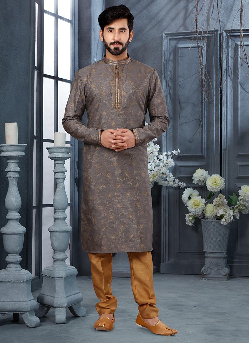 Grey Silk Mens Kurta Pyjama Set