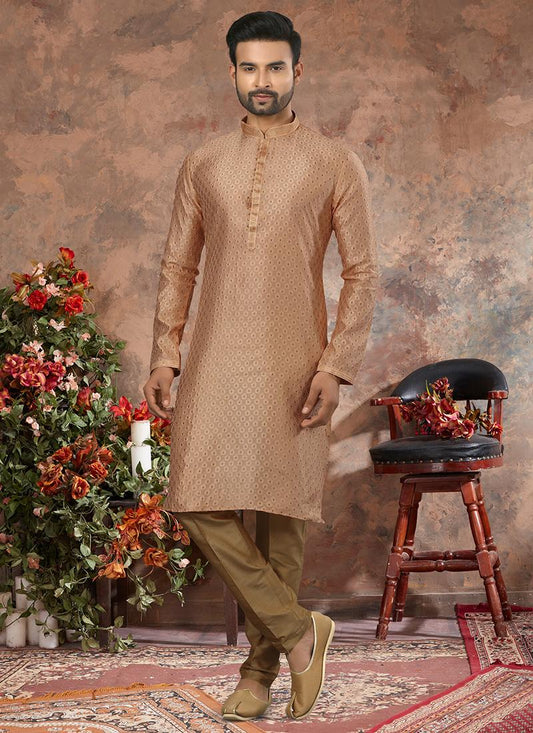 Beige Jacquard Mens Kurta Pyjama Set
