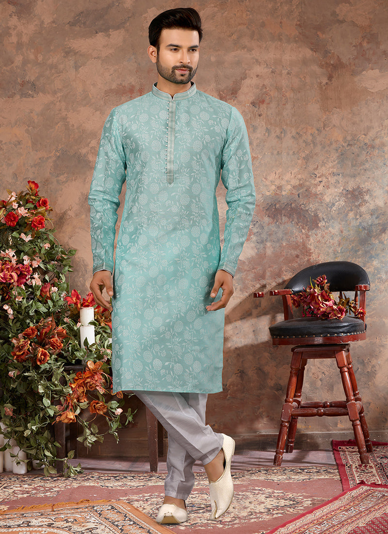 Sky Blue Silk Mens Kurta Pyjama Set