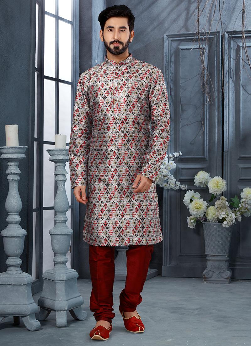 Grey Silk Mens Kurta Pyjama Set