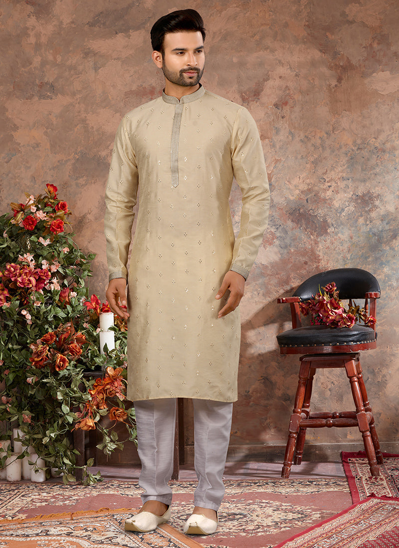 Beige Silk Mens Kurta Pyjama Set