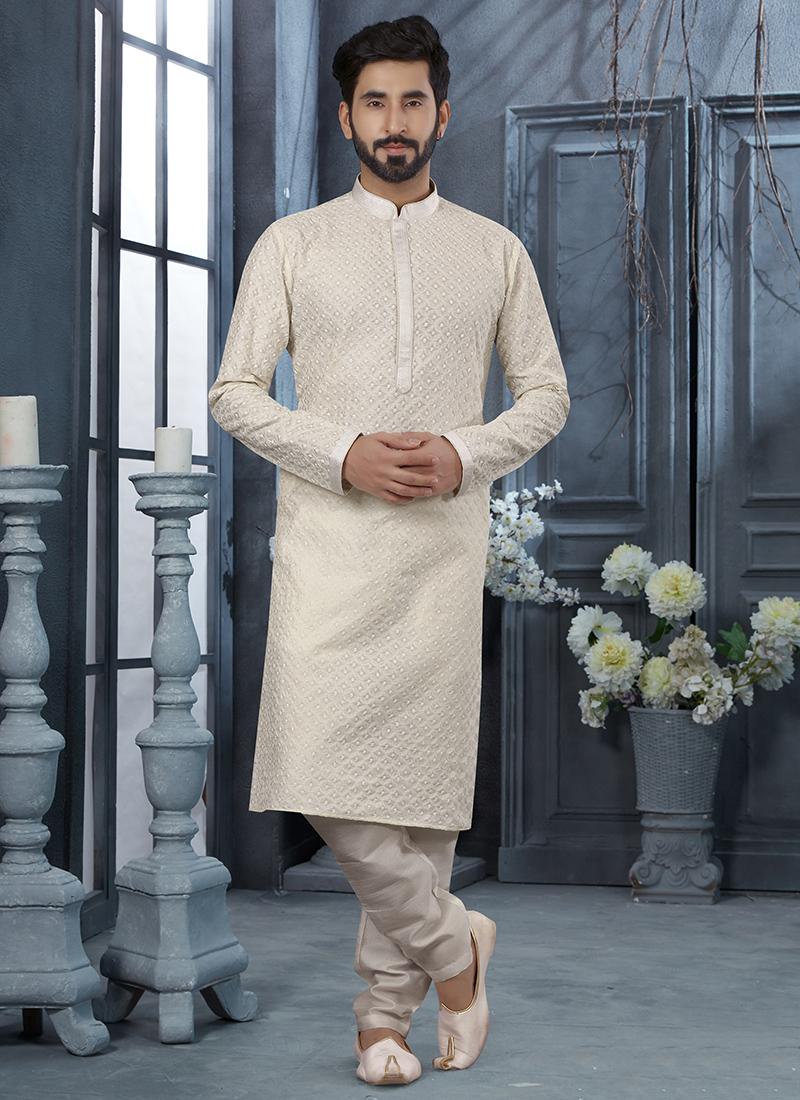 Off White Lukhnowi Mens Kurta Pyjama Set